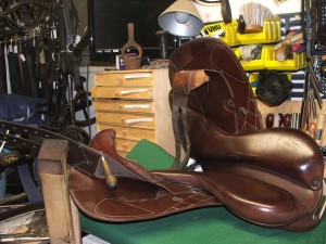 New English leather handmade long girth straps on dressage saddle