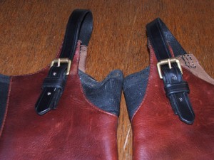New leather stirrup straps and buckles handstitched onto gaiters and half chaps